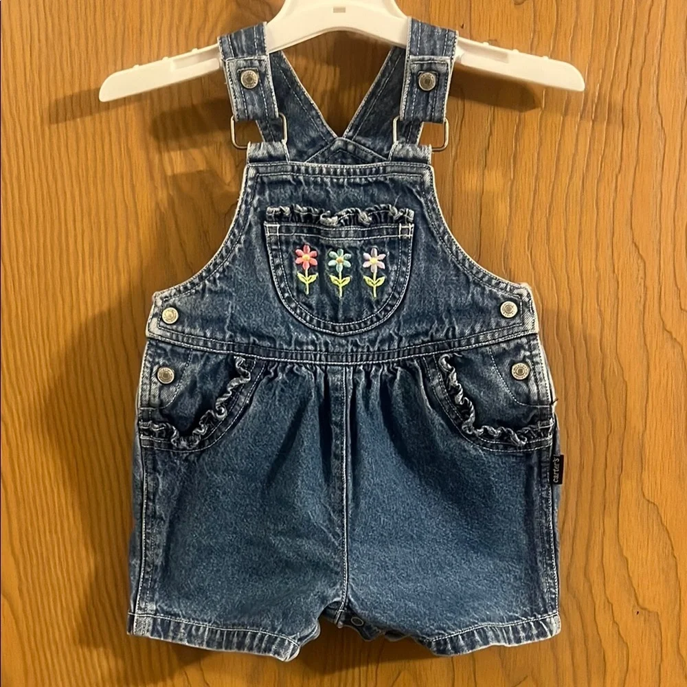 Vintage Carter's Blue Denim Overalls with‎ Flower Embroidery 9-12M